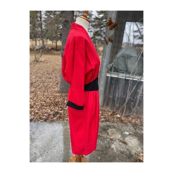 Vtg 80s Batwing A Line Dress Red Black Polkadot - Picture 2 of 16